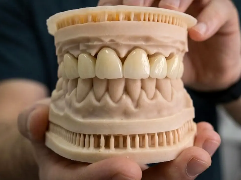 Model dentar cu coroane din zirconiu monolitic, ținut în mâini